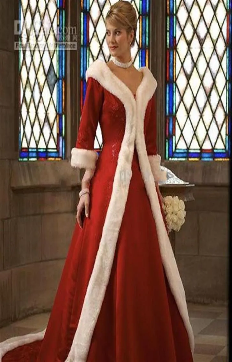 New Long Sleeves Cloak Winter Ball Gown Wedding Dresses Red Warm Formal Dresses For Women Fur Appliques Christmas Gown Jacket 20119729681
