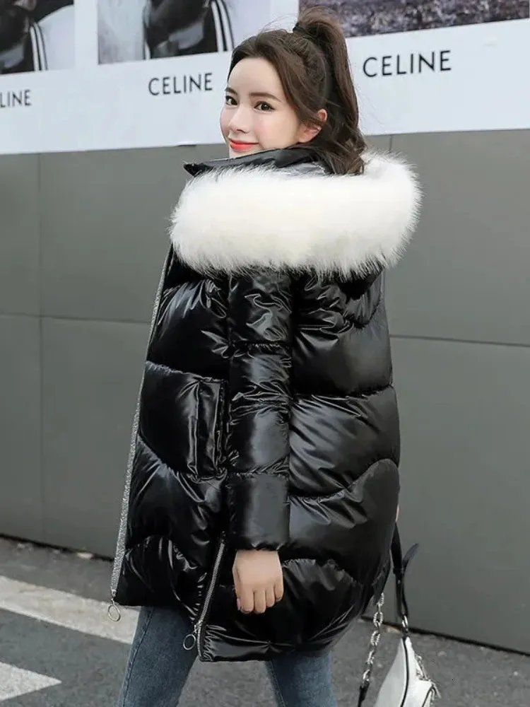 2023 Women Jacket Winter Parkas Long Coat Fur Collar Hooded Glossy