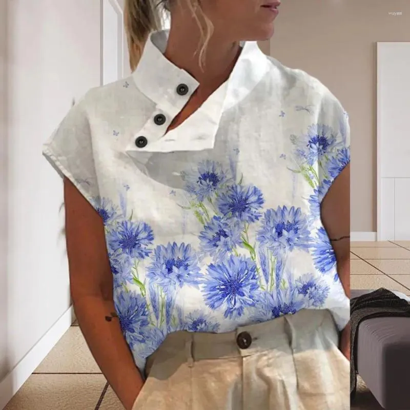 女性のブラウス女性Tシャツ半袖薄い花柄のヴィンテージブラウスモックネック斜めのボタントップシャツトップストリートウェアブルーサ