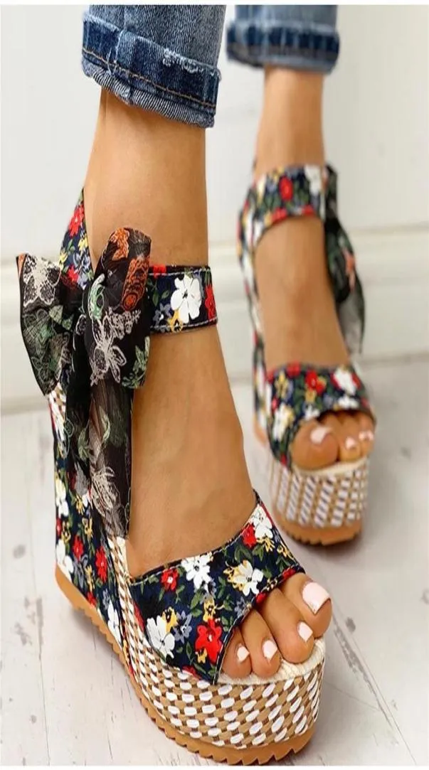 KAMUCC Summer Beach Boho Floral Wedge Sandals Women Ankle Strap Platform  Shoes Woman High Heels Sandalias Mujer 210226274448597 From 26,43 €