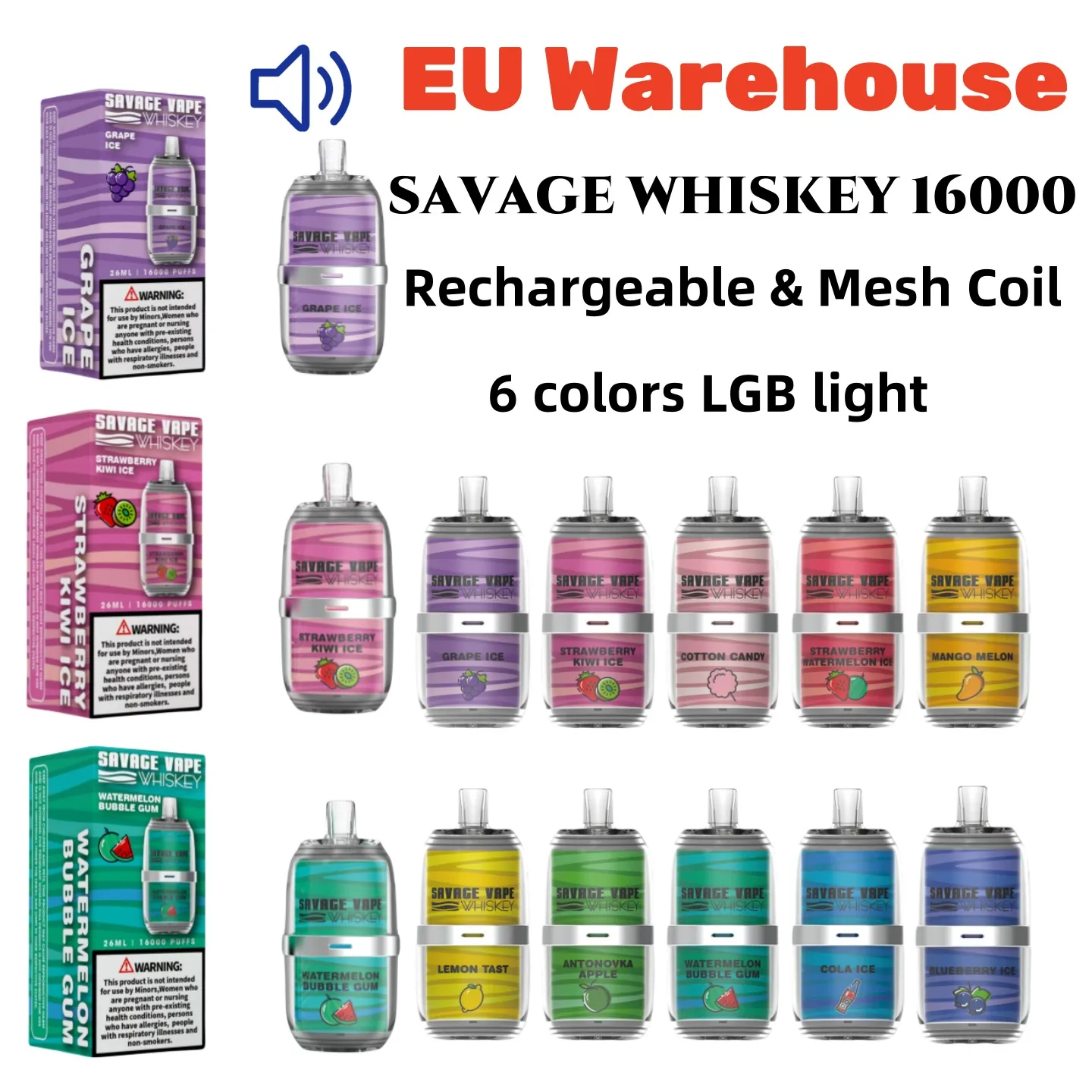 Savage Whiskey 16000 Puff EU Warehouse Vapes Einweg 26 ml 650 mAh 6 Farben LGB Light Juice Flavour Crystal Vape Pen vs. Mrvi Bar Vozol 15k Puff