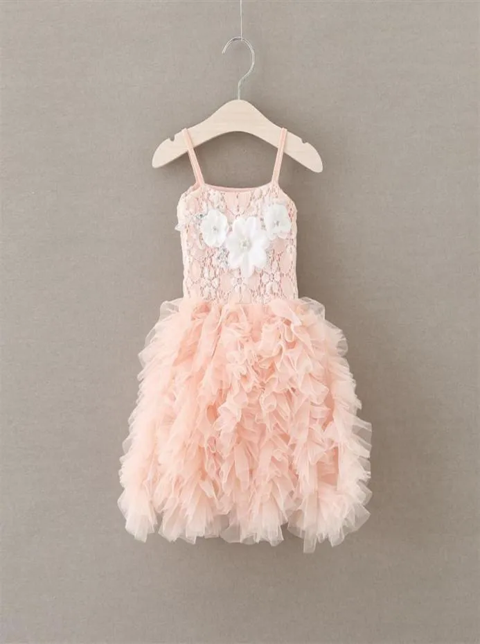 Robe de soirée à fleurs perlées pour filles, en dentelle, à bretelles, en tulle, à plusieurs niveaux, tutu, vêtements de princesse roses pour enfants A9360204d4260980