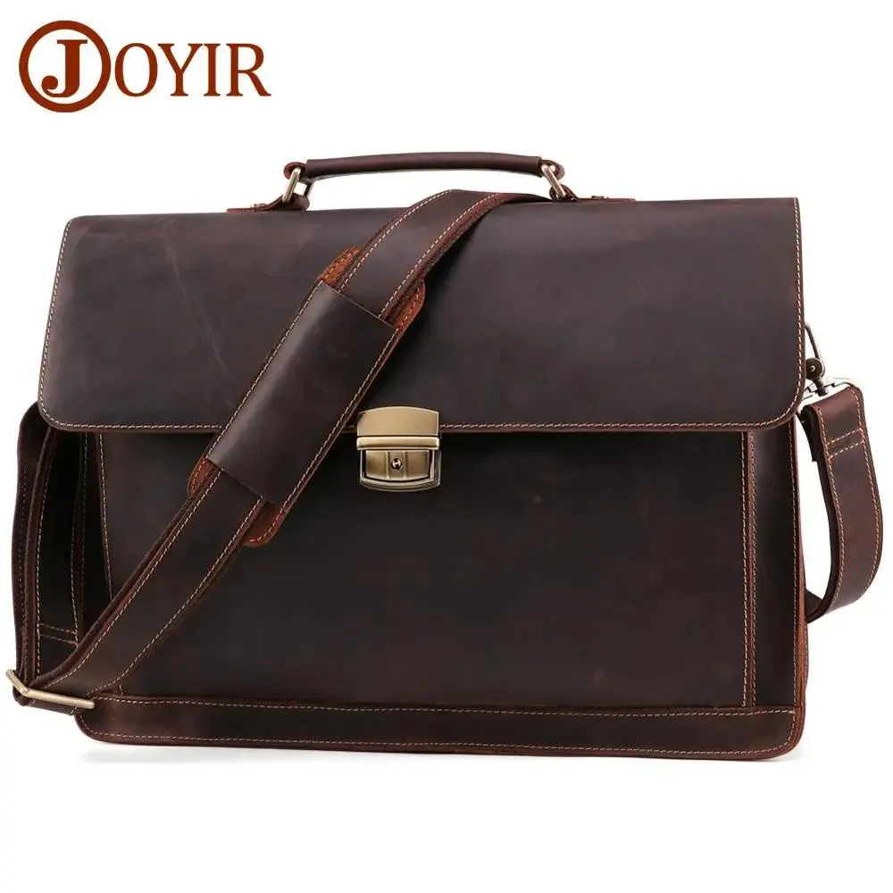 BRECHUSES Joyir Crazy Horse äkta läder Mäns portfölj Vintage Messenger Shoulder Bag Men's Business Laptop Handväska för Male 6393