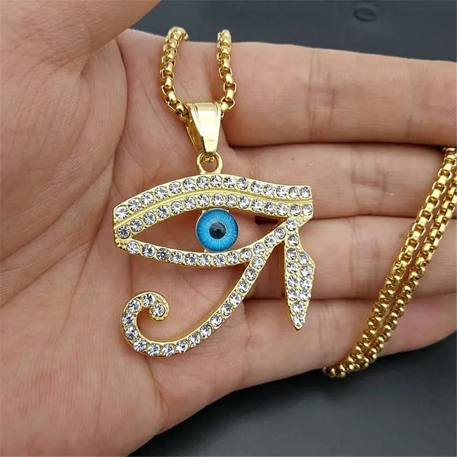 Egípcio o olho de horus pingente colar para mulher/homem 14k ouro amarelo mau olhos colar gelado para fora bling hip hop egito jóias