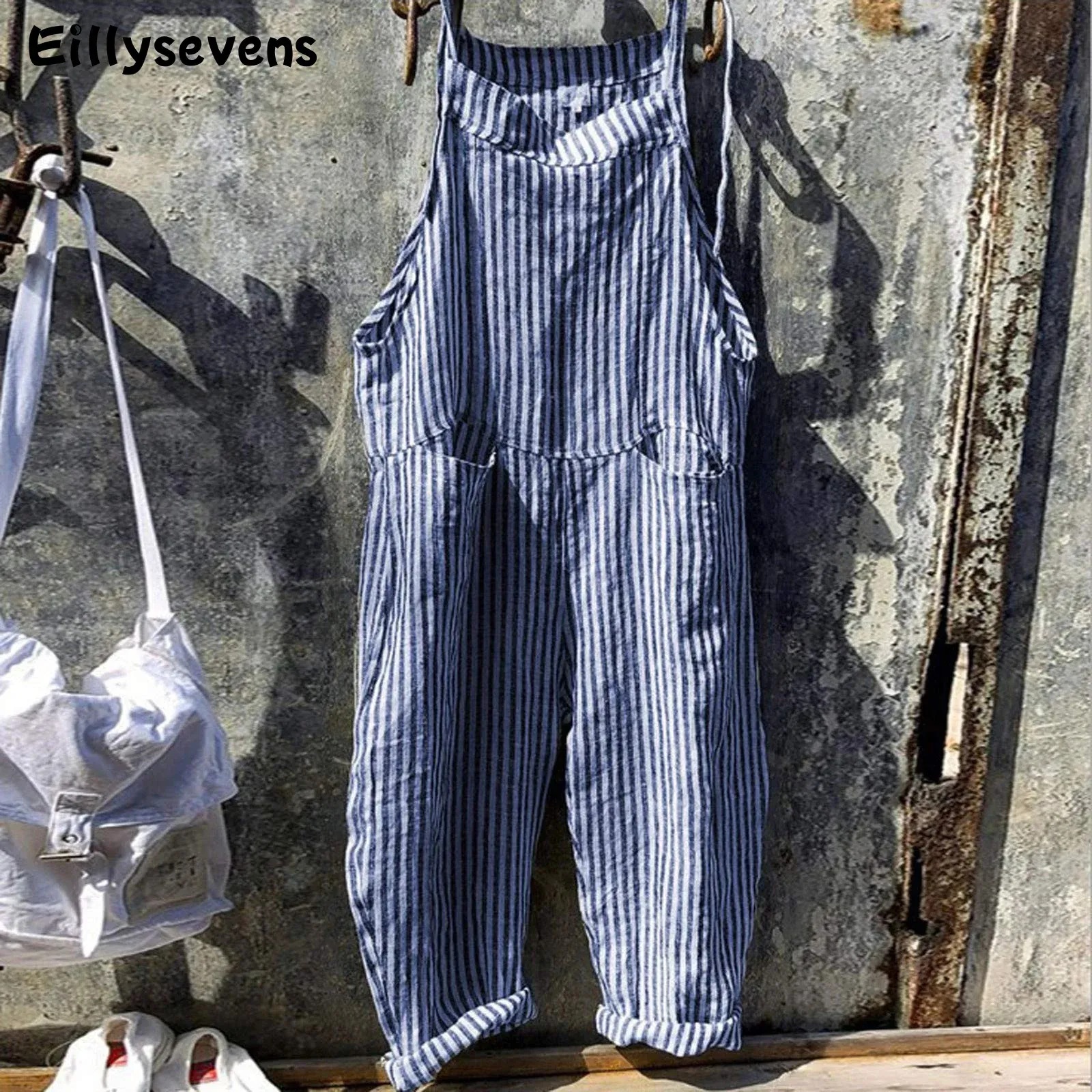 Gestreifter Druck, lässige Damen-Overalls, weites Bein, große Tasche, Sommer-Overall, ärmellos, knöchellang, insgesamt, Streetwear, Combinaison 231228