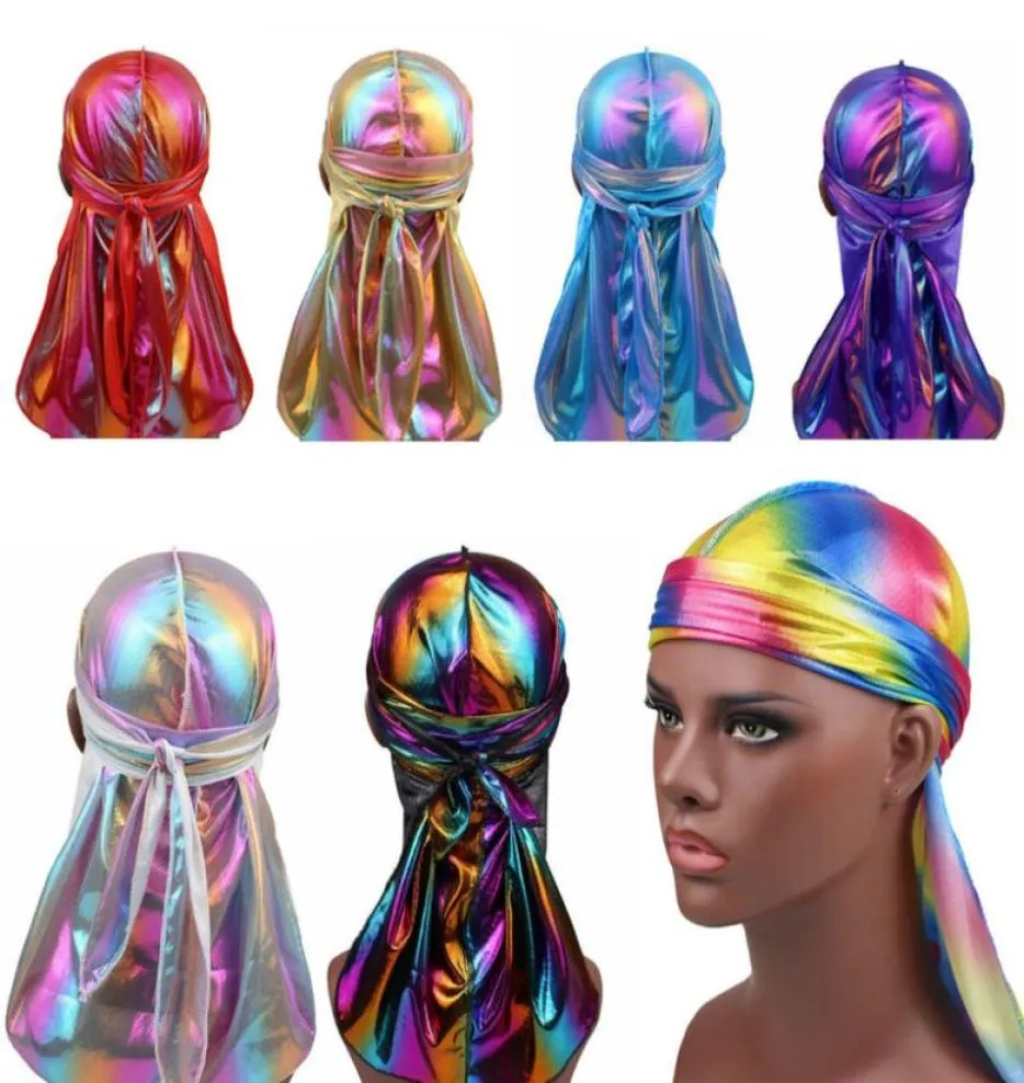 Männer Frauen Seide Laser Polyester Bandana Hut Durag Rag Tail Wrap Kopfbedeckung Geschenk Cap9321060