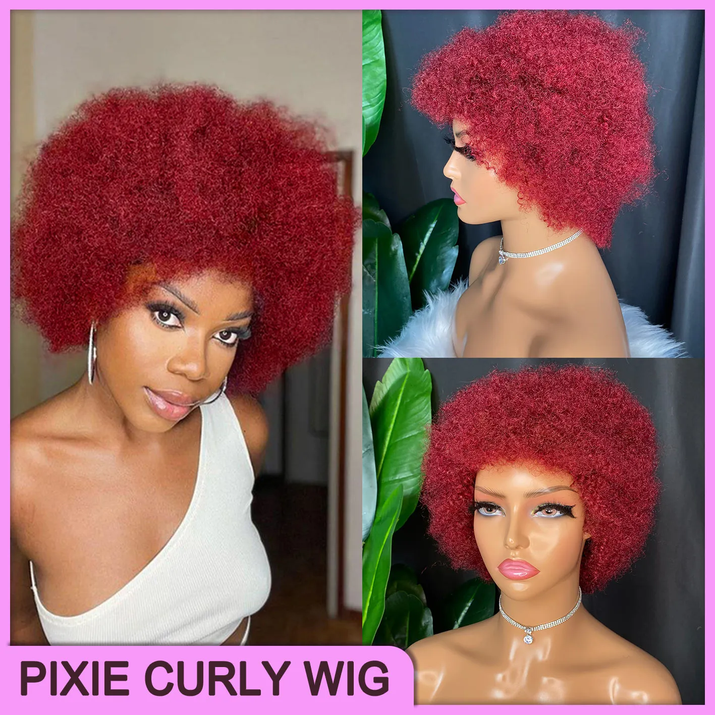Remy Human Hair Wigs, Short Afro Kinky Curly Wig 99J Wine 