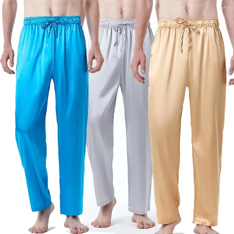 Pantalons pour hommes Arrivée Pyjama en satin avec cordon de serrage Style européen et américain Couleur unie Vêtements de nuit en soie Longue