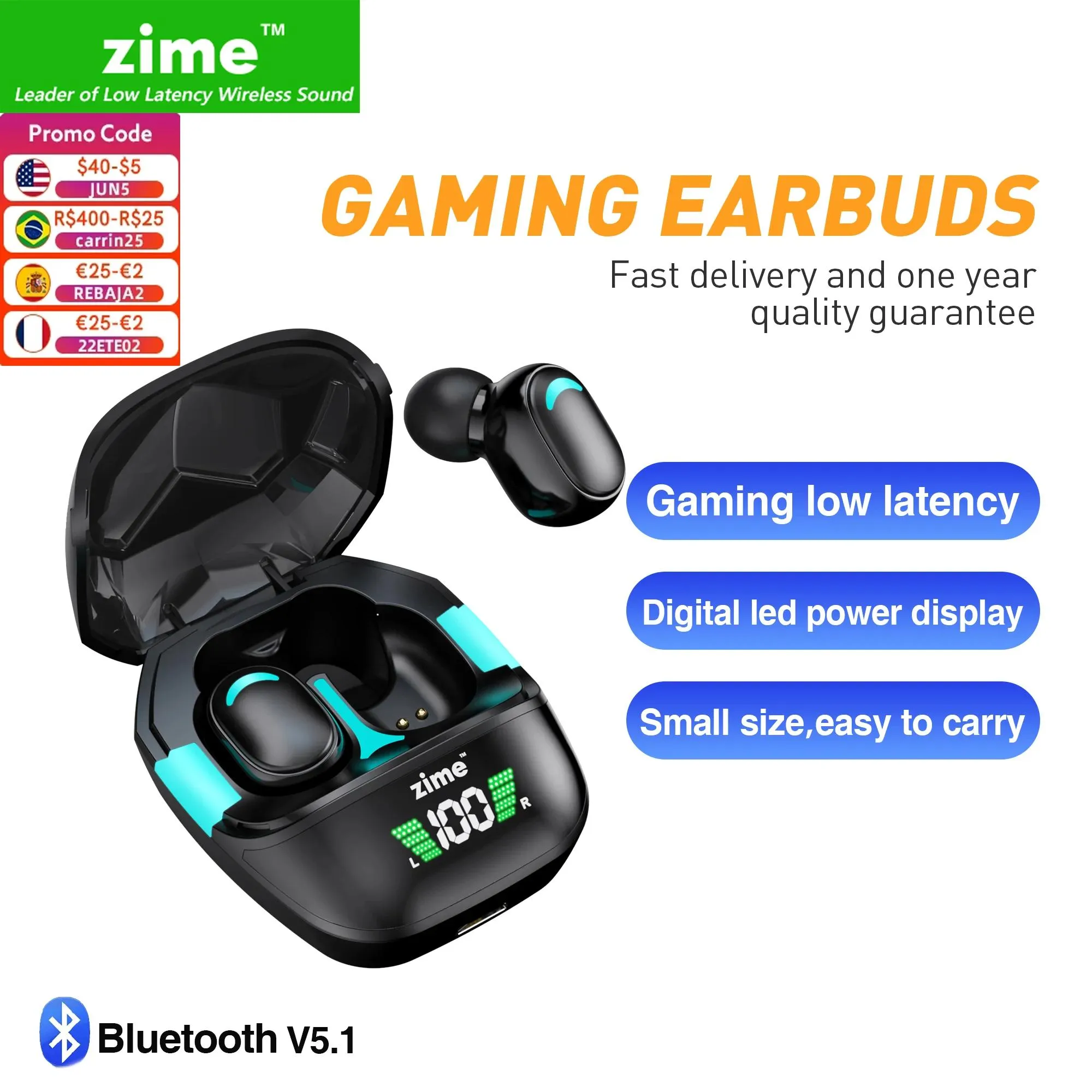 Earphones Zime G7S Bluetooth 5.1 Headphones Wireless TWS Low Latency Gaming Earphone Stereo Sound Earphones Bass Noise Reduction with Mic