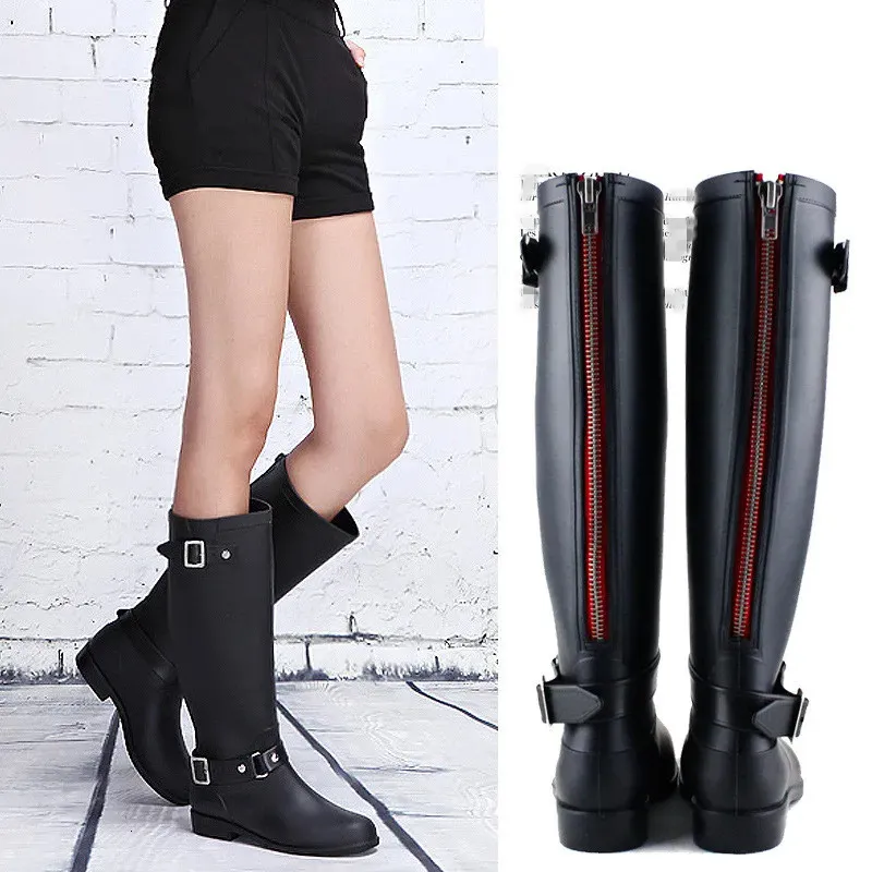 Flickor Rainboots Waterproof Flat Shoes Women Black Water Fashion Zip Rain Boots High Zip Non-Slip Female PVC bekväm 231228