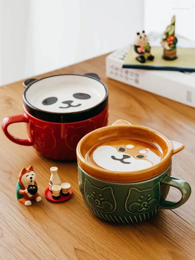 Canecas Japonês Cartoon Chai Dog Panda Cerâmica Copo com Capa Casal Café da Manhã Alta Beleza Caneca Bonito Leite