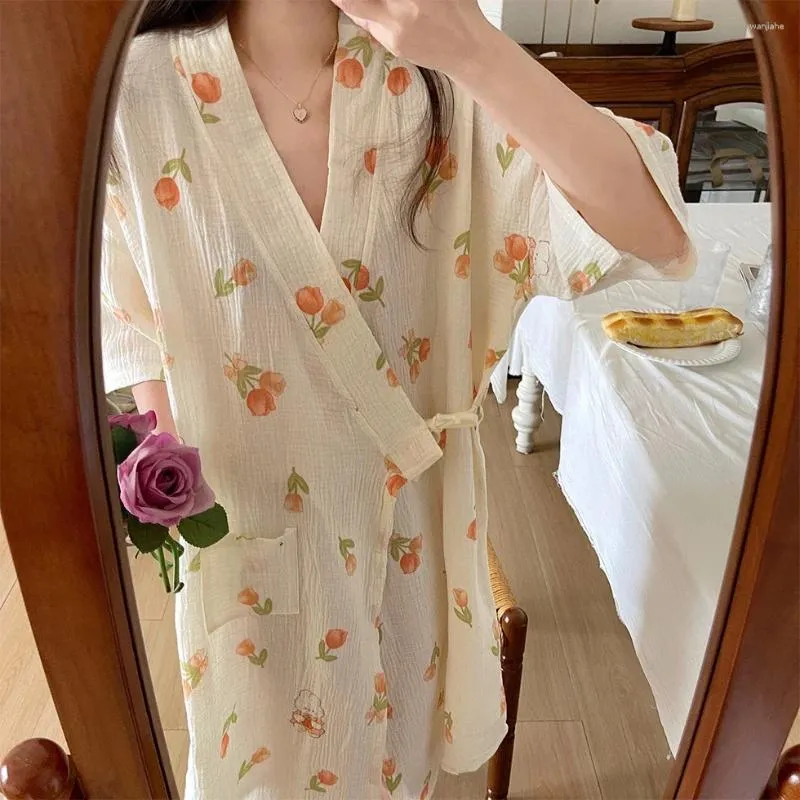 Women's Sleepwear Summer Pure Cotton Gauze Nightdress Women Lace Floral Printed Nightgown Japanese Kimono Thin Bathrobe Pajamas Nightwear