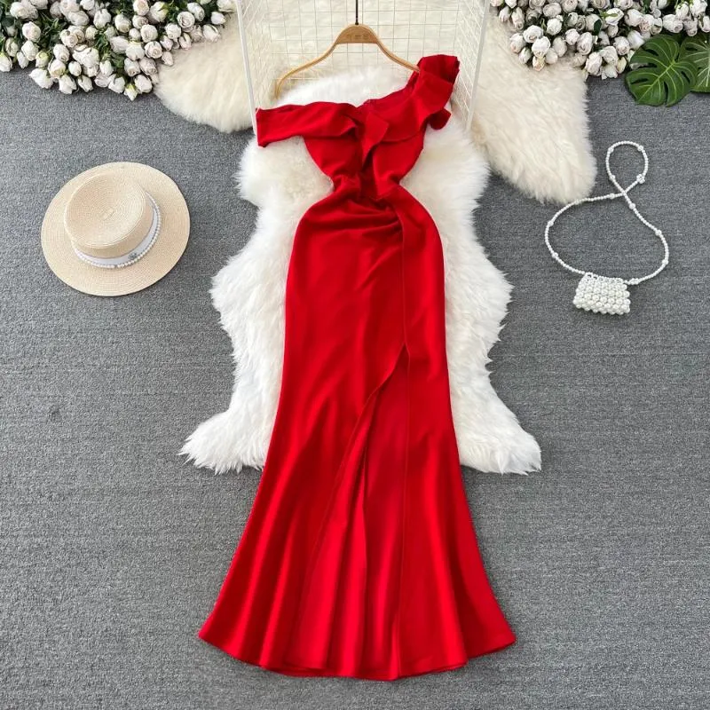 Casual Dresses Sexy One Shoulder Ruffles Women Dress 2023 Chic Summer Elegant Red Evening Party Long High Waist Split Maxi Lady Vestidos