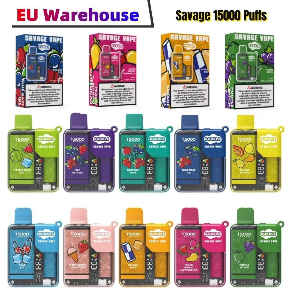 EU Stock Savage Vape jetable 15000 Puff E-Cigarette Vape Jetable 28ml usine vapes Chine Child Lock Smart Display 650mAh Batterie rechargeable Mesh Coil 12k 12000