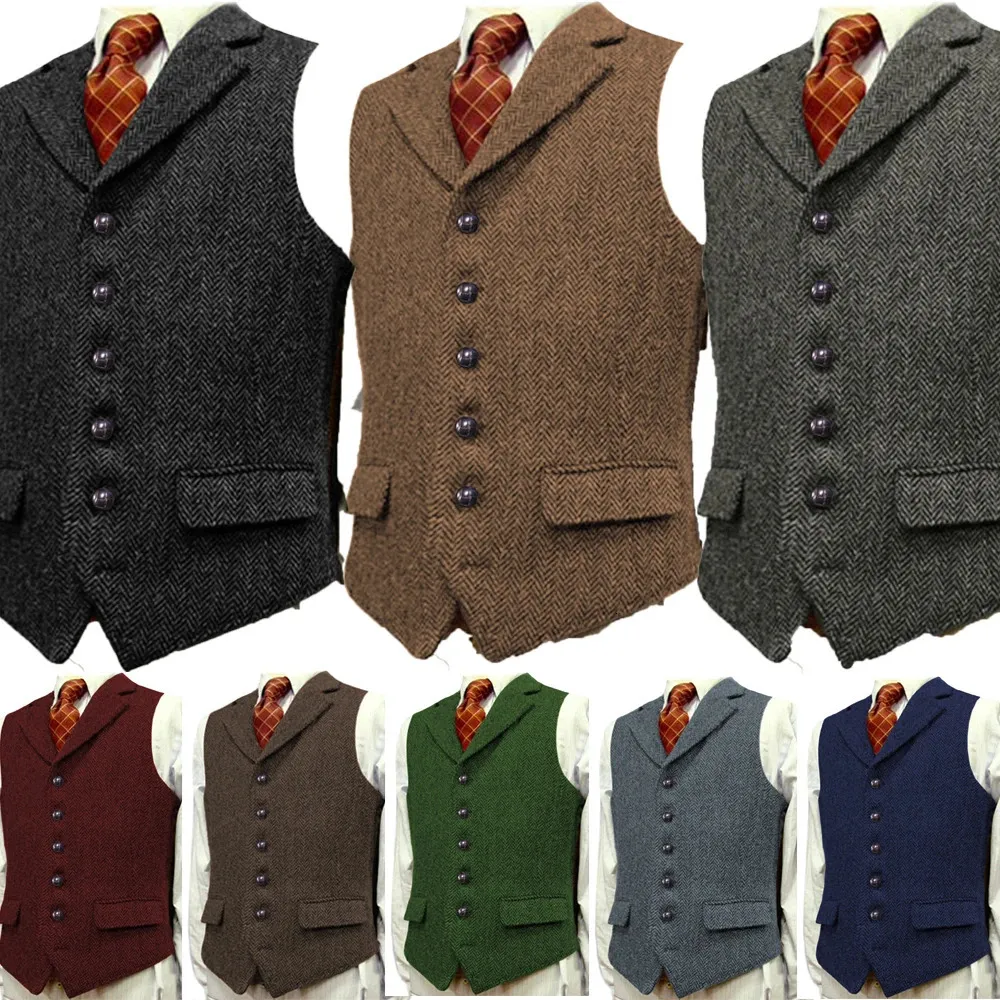 Mens Wool Tweed Slim Fit Leisure Cotton Bourgogne Vest Gentleman HerringBone Business Brown Waistcoat Blazer For Wedding Groom 231229