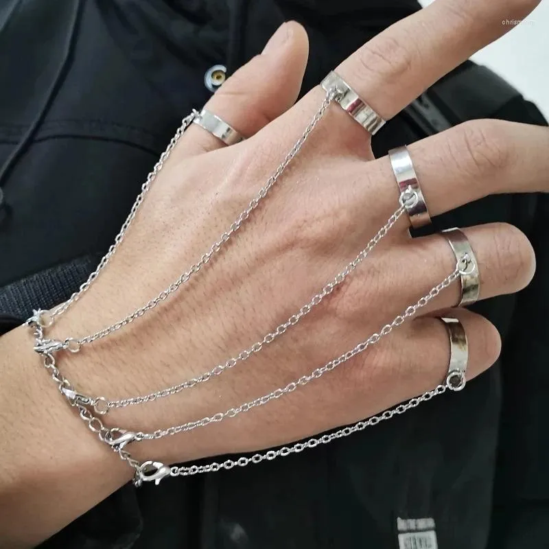 Charme pulseiras punk prata cor link corrente pulseira de pulso conectado anel de dedo conjunto para homens mulheres casal emo mão arnês jóias
