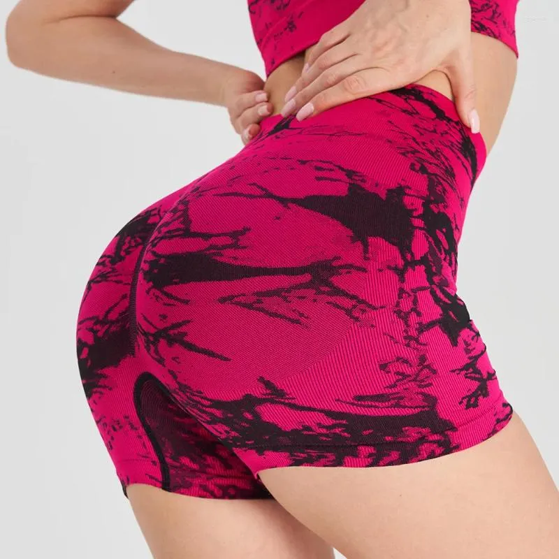 Shorts actifs Tissage Jacquard sans couture Push Up Scrunch Yoga Femmes Taille Haute Élastique Gym Entraînement Sport Fitness Imitation Tie Dye Collants