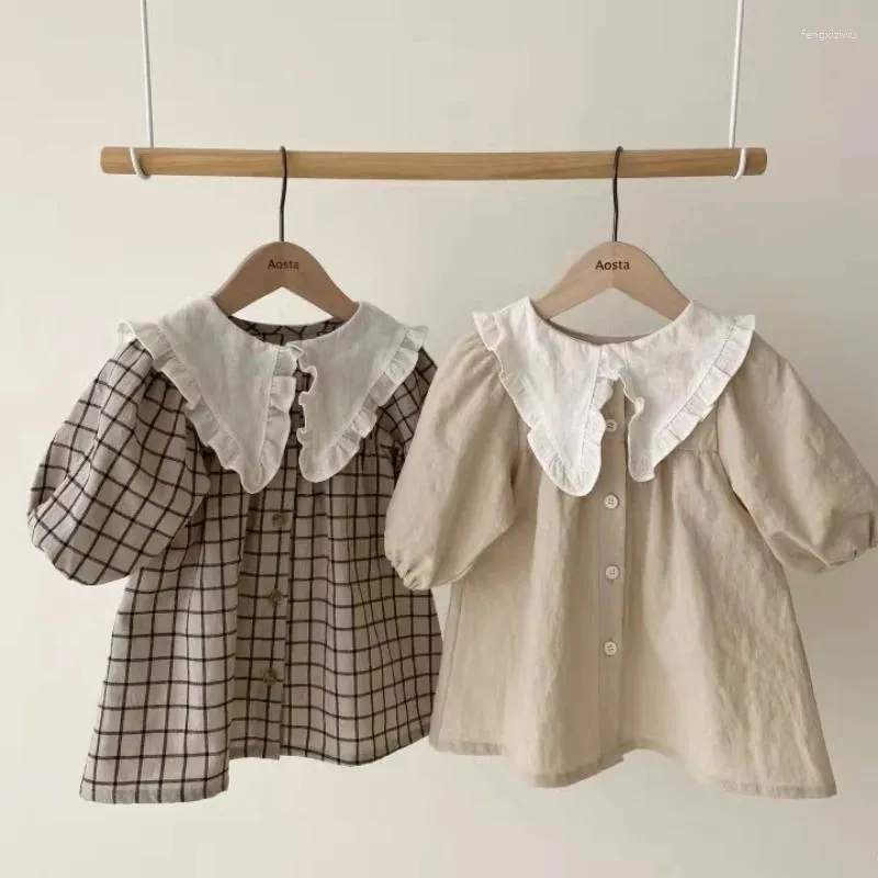 Kız Elbiseler Sonbahar Bahar Kız Beje Bej Ekose Pamuk Uzun Kollu Elbise Küçük 1 ila 7 Yıl Koreli Çocuk Prenses Giysileri