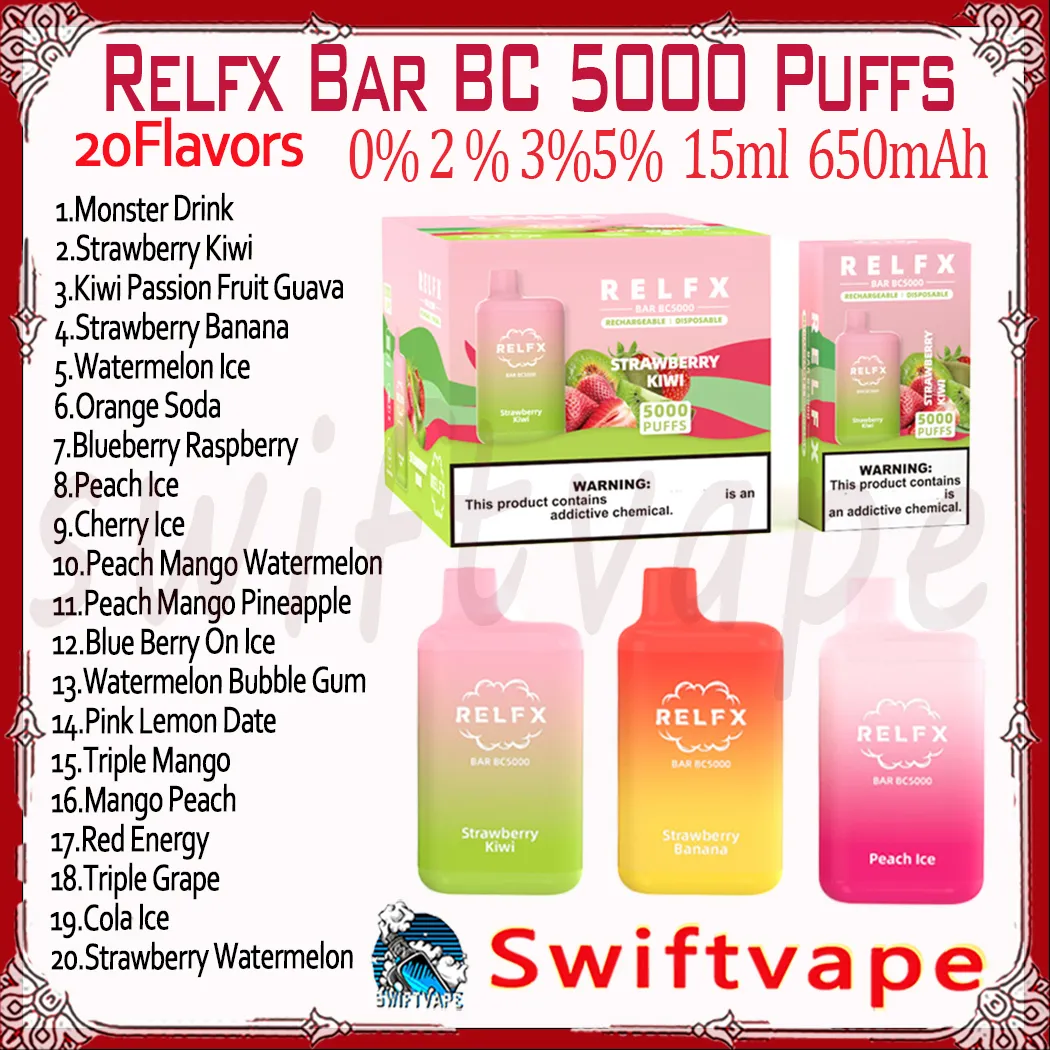 Relfx Bar BC5000 Puff Одноразовая электронная сигарета 20 вкусов 15 мл 0% 2% 3% 5% Аккумуляторная батарея 650 мАч 5K затяжек Vapes Pen Стартовый комплект Источник Производитель