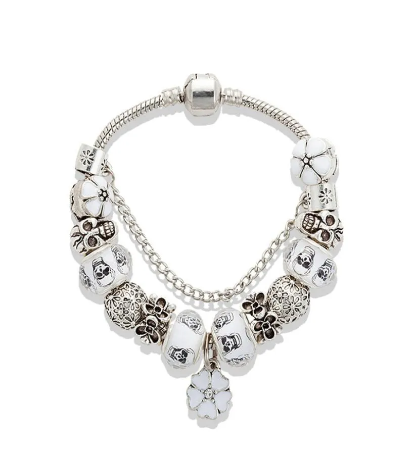 Mode Blanc Fleur Pendentif Bracelet De Luxe Designer Plaqué Argent Coffret Original Adapté Pour DIY Crâne Bracelet De Perles Holiday1820210