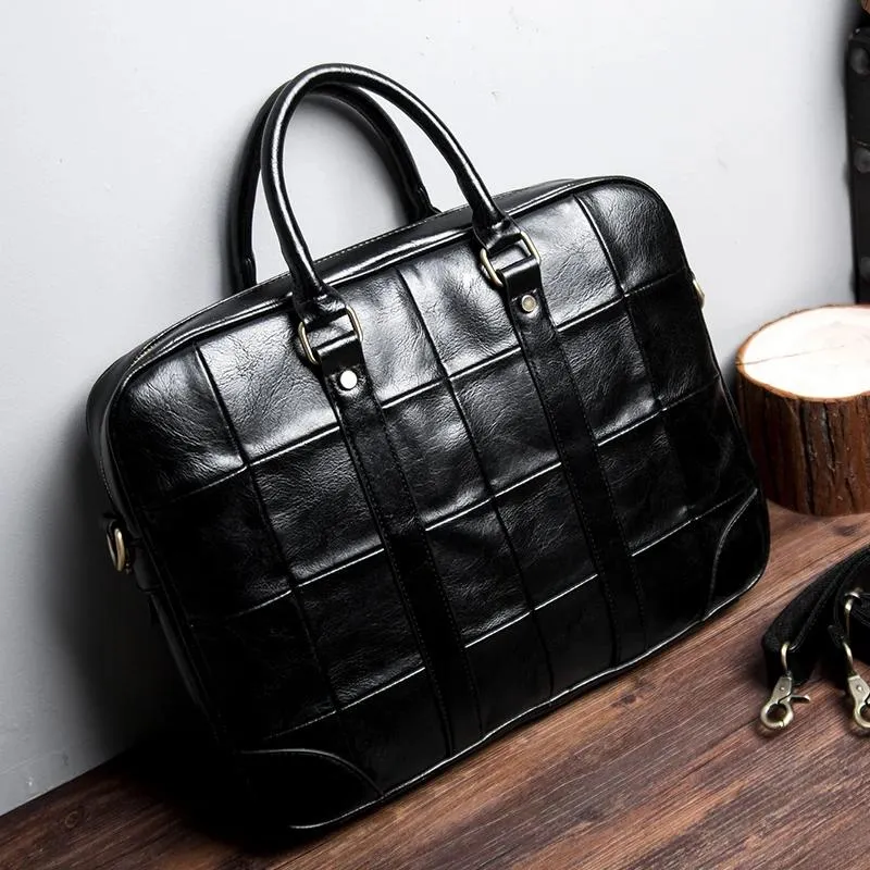 Bortkyror Vintage Brand Design Leather Men's Handbag Big 14 "Laptop Bag Plaid Waterproof Men Business Portfölj Casual Office Work Väskor