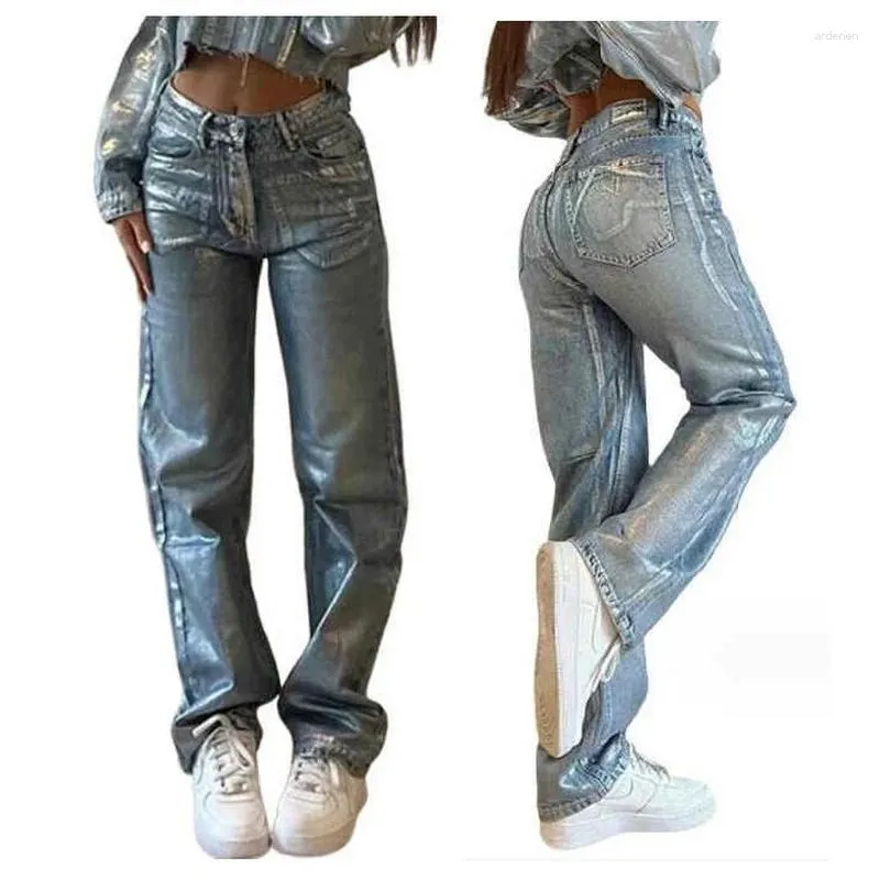 Damesjeans Dames Lage Taille Tie Dye Streetwear Gewassen Zilverkleurige Denim Broek Met Rechte Pijpen