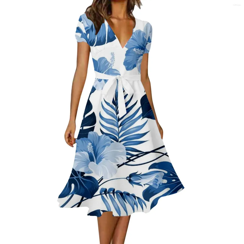 Casual Dresses Summer For Women 2023 Floral Print Long V Neck Kort ärm Kvinnlig klänning Elegant och Pretty Women's Party