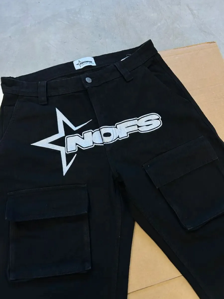 NOFS Vintage lettre impression broderie Jeans décontractés Y2k rue Hip Hop hommes Baggy noir Denim pantalon jambe large vêtements 231228