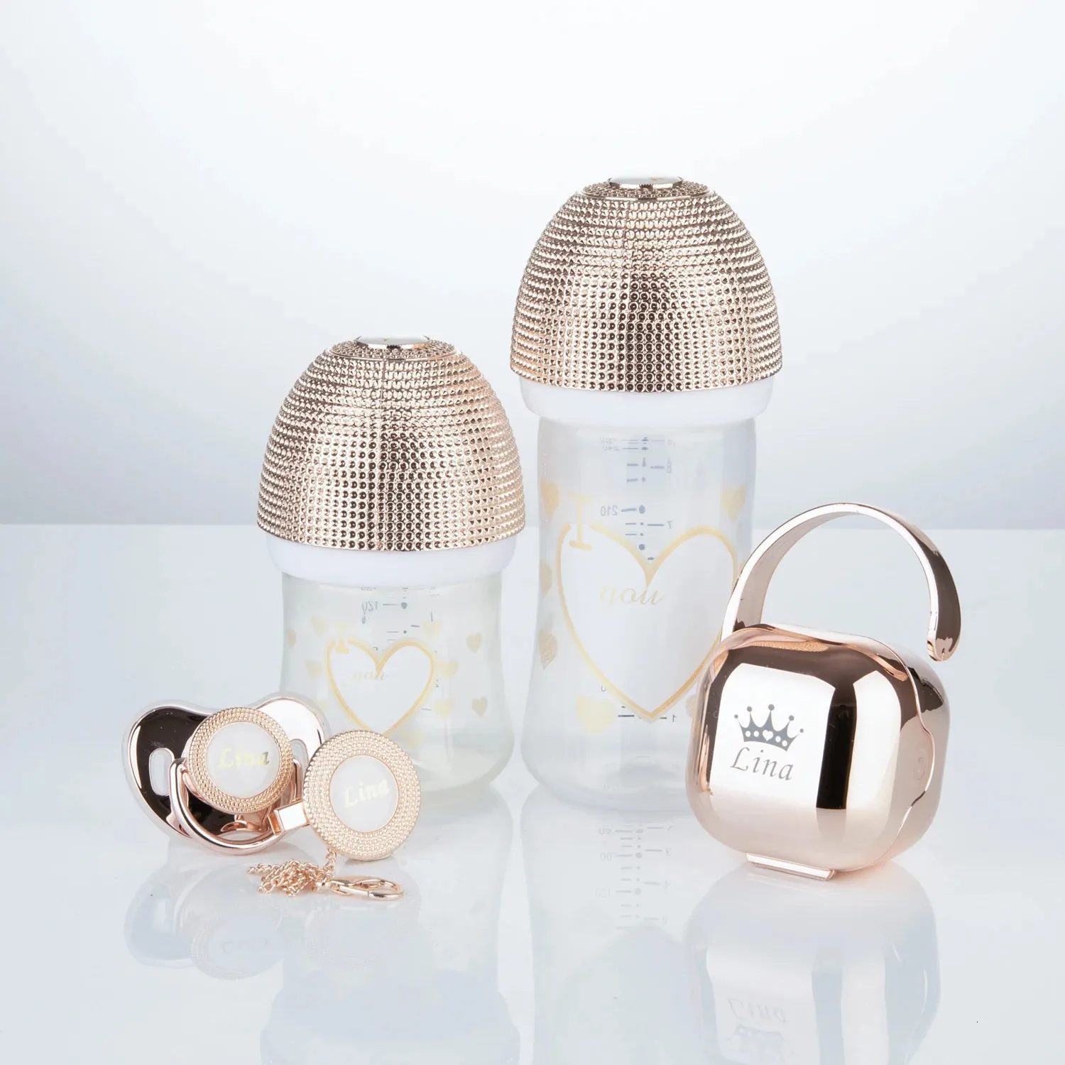 Miyocar Rose Gold Luxuriöses individuelles Baby-Schnuller- und Babyflaschen-Set mit Namen für Jungen und Mädchen im Alter von 0 bis 6 Monaten, Babyparty 231229