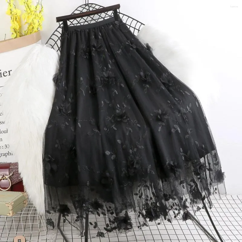 Kjolar kvinnor 2023 design 3d blommig slöja kjol vintage flytande bas hög midja a-line koreansk modeparti