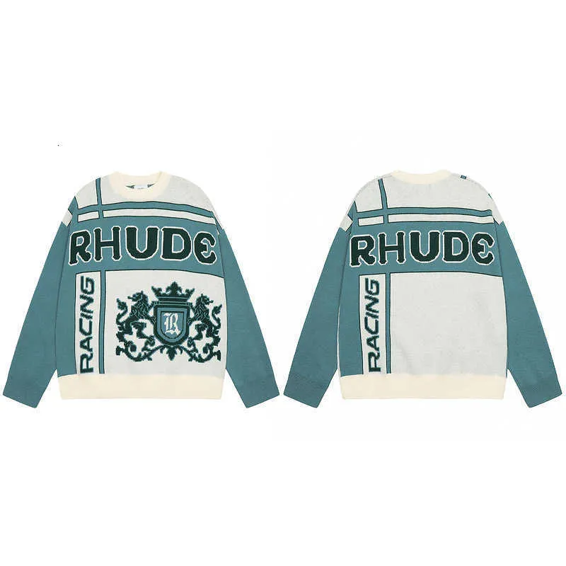 Rhude Autumn and Winter New High Street Fashion Sweater LetterJacquard Contrast Light Luxury Style Round NeckNit