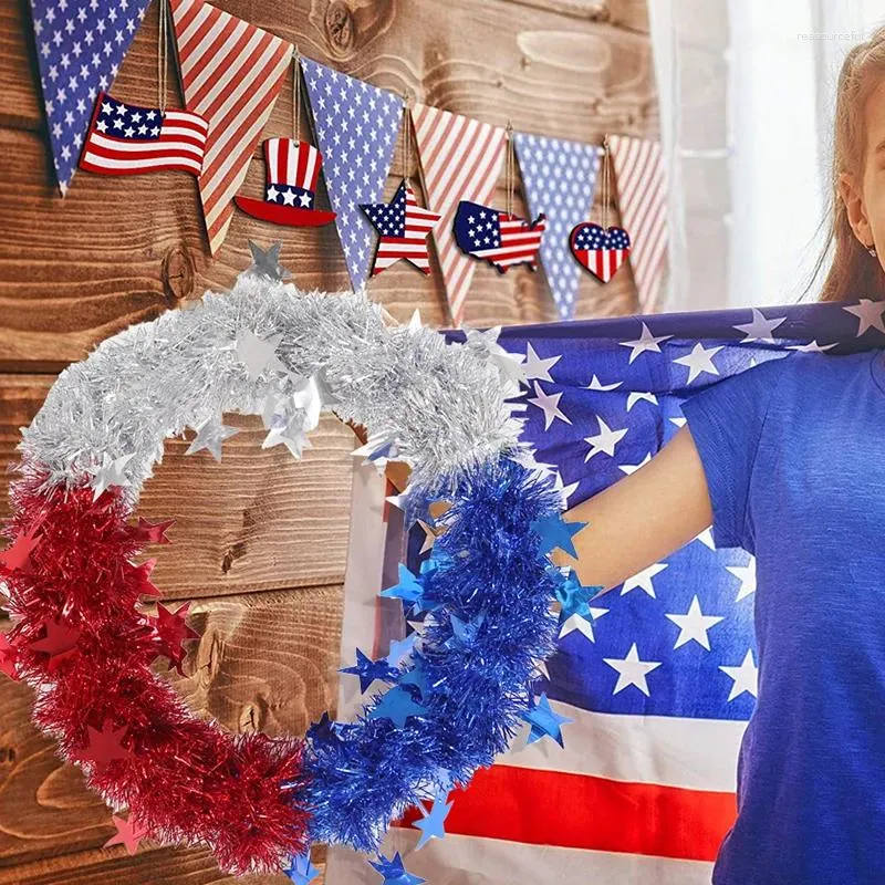 Decorative Flowers 4th Of July Wreath Hanging Patriotic Memorial Day Tinsel Garlands For Front Door Party Holiday Wall Decorations