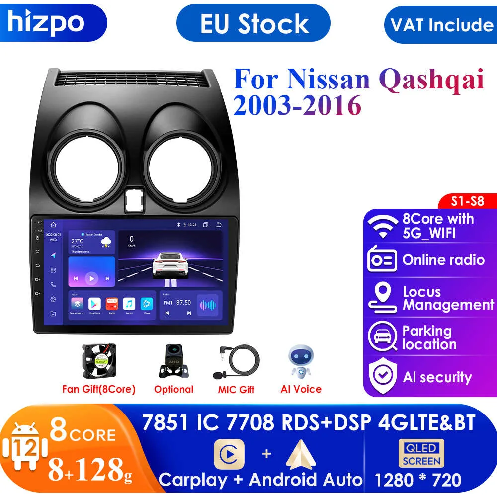 Hizpo 8G+128 AI Voice Car Radio Android Auto Multimedia for Nissan Qashqai J10 2007 2008-2013 CarPlay 4G 2Din GPS Autoradio