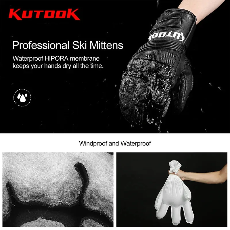 KUTOOK Gants De Ski Et Snowboard - Cuir De Chèvre Imperméable, Chauffants Et Coupe-Vent, Homme Femme