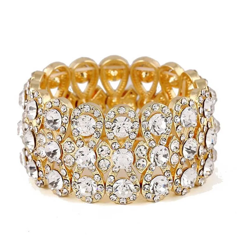 Joias de casamento luxuosas com strass de cristal, cor dourada, pulseiras para mulheres, corda elástica, pulseiras largas, 259v