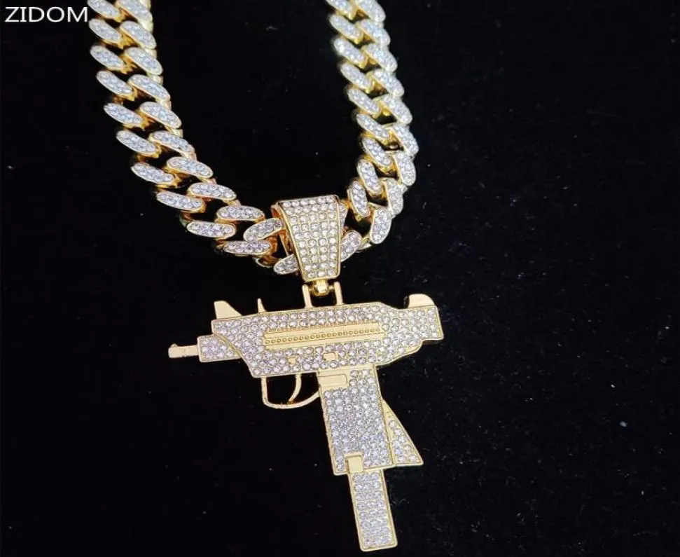 Naszyjniki wiszące mężczyźni kobiety hip -hopowe lodowe Bling Uzi pistolet z 13 mm miami kubańską łańcuch hiphopowy moda biżuteria 6039794