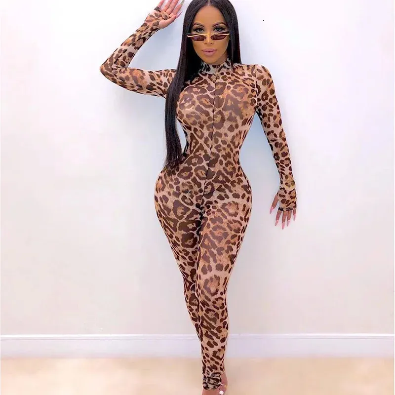 Sexy leopardo impressão macacão clube outfits para mulheres festa meia-noite malha bodycon macacão das mulheres macacão de dança 231228