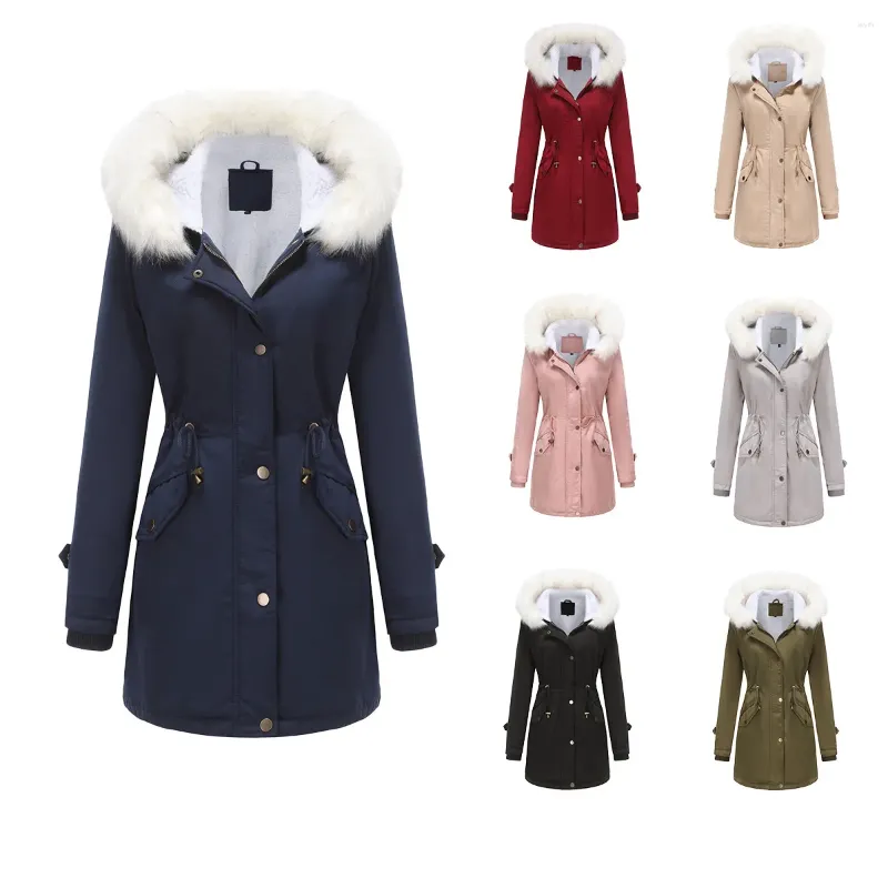 Women's Trench Coats Parkas Women Hooded Jackets Fur Collar Drawstring Tight Waist Thick Warm Parka Zipper Solid Casual Slim Mid Length Coat