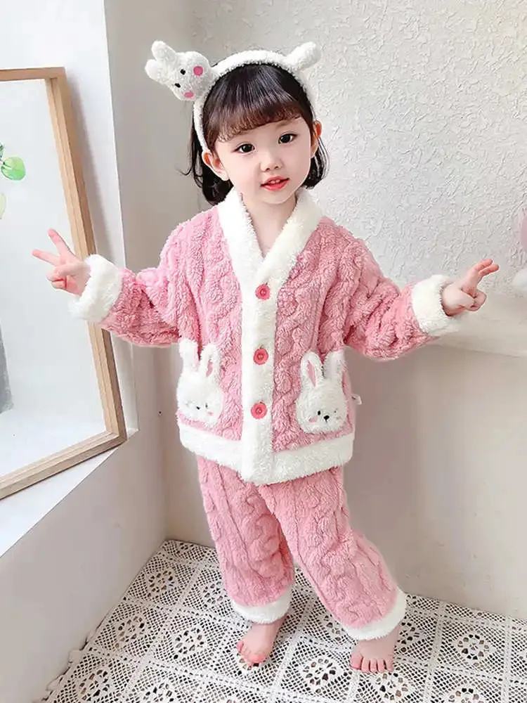 Autumn Winter Children Sleepwear Baby Pyjamas Set Thick Flannel Fleece Child 2st Set Warm Home Suits Kids kläder 231228