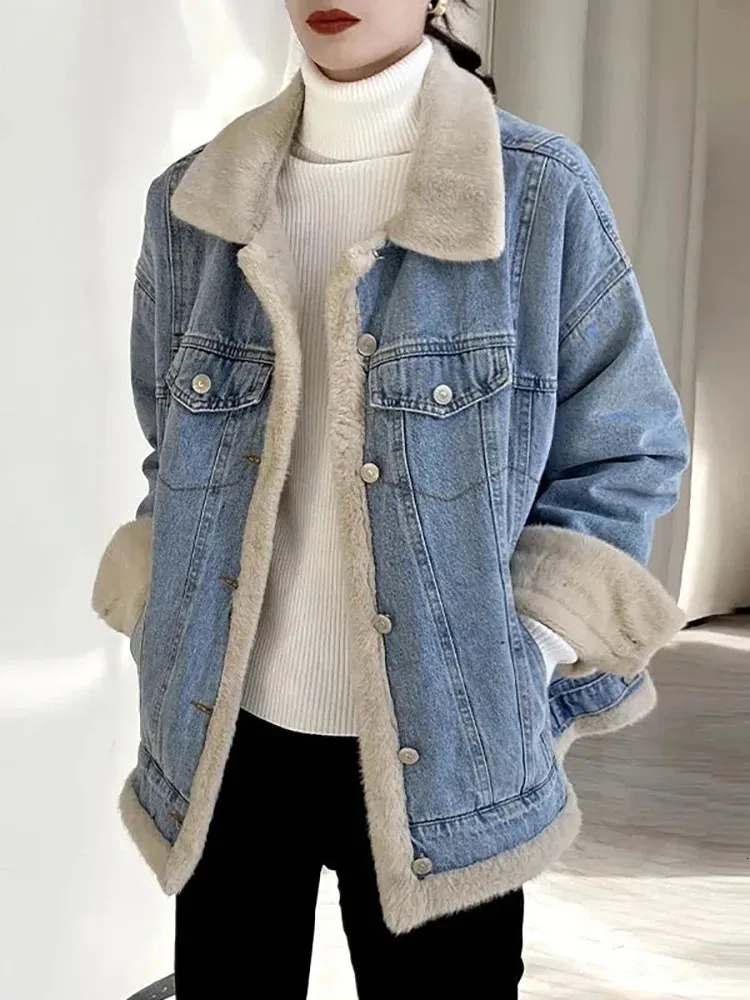 S-4XL Single-Breasted Warm Lamb Fleece Denim Jacket Winter Polol Collar Loose Thick Jacket For Women Streetwear Denim Tops 231229