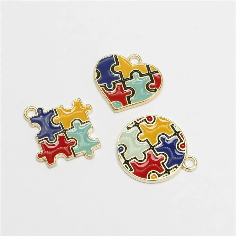 18pcs Enamel Autism Pendant Drop Oil charms Colorful Jewelry Making DIY Handmade Craft Puzzle Piece For Bracelet Earrings Gift DIY248J