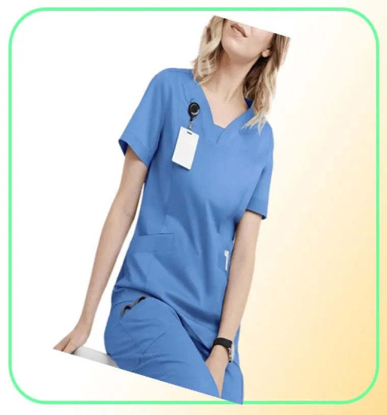 Di alta qualità Vneck Scrub Top salone di bellezza infermieristica pantaloni elastici in vita unisex traspirante uniforme Accessorie1655647