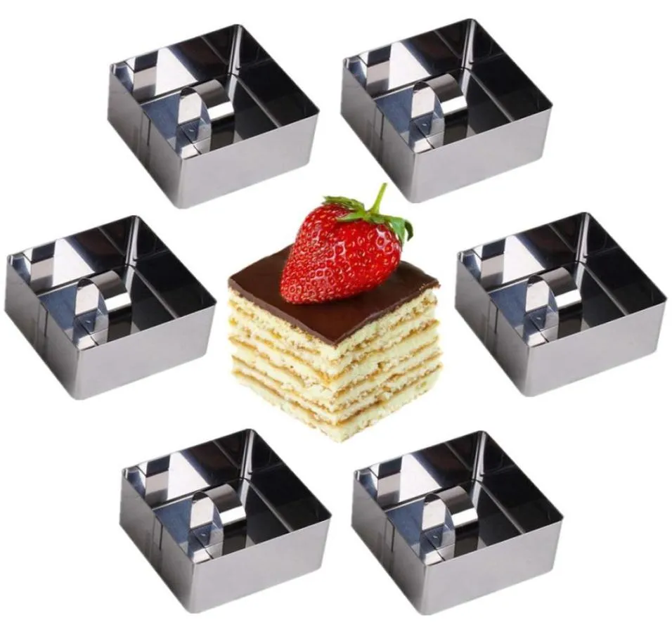 Set quadrato da 6 pezzi Anelli da cucina in acciaio inossidabile Anelli da dessert Mini set di stampi per anelli per torte e mousse con spingitore15989582288480