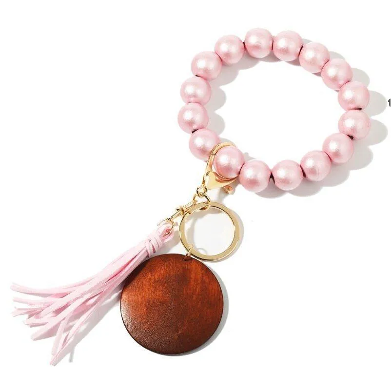 Party Favor 14 Styles Wood Pärlor Keychain Pearlescent Color Armband Key Ring Women Diy Crafts Gift With Eloy RRF13453 Drop Deliv DH3FU