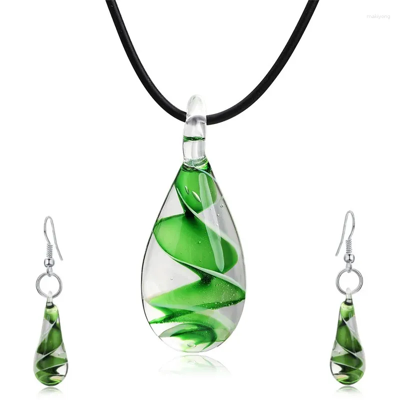 Anhänger Halsketten Wassertropfen Spirale Blatt Lampwork Murano Glas Kunst Halskette Frauen Schmuck Set