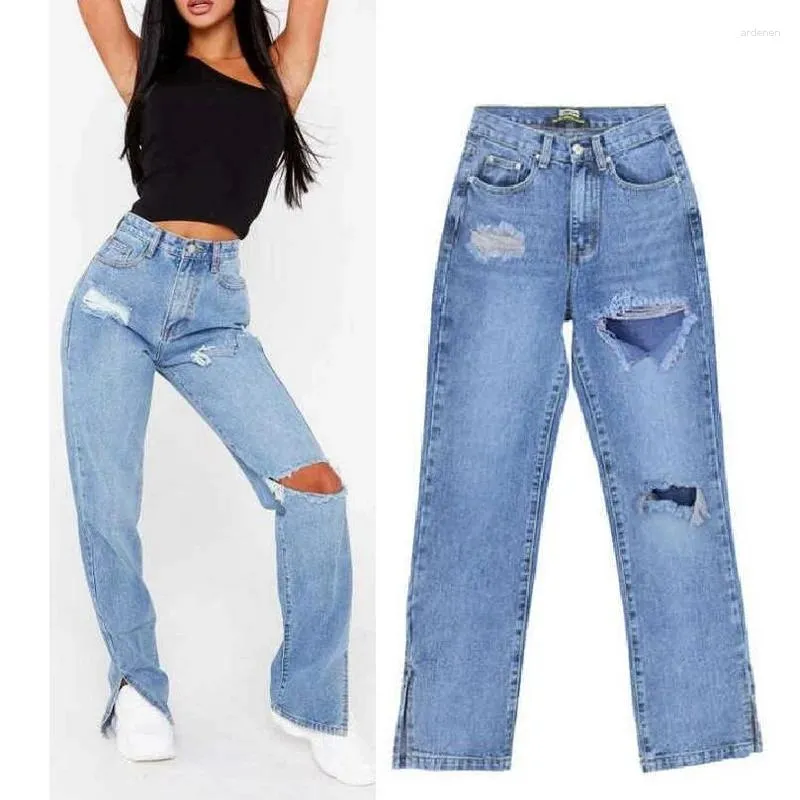 Calças jeans femininas cintura alta com buracos rasgando perna abertura split mendigo