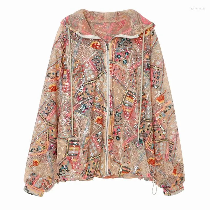 Women's Jackets European Chic Women Sequins Jacket Elegant Colorful Bling Floral Pink Coat Casual Loose Long Sleeves Hoodie Purple Outerwear