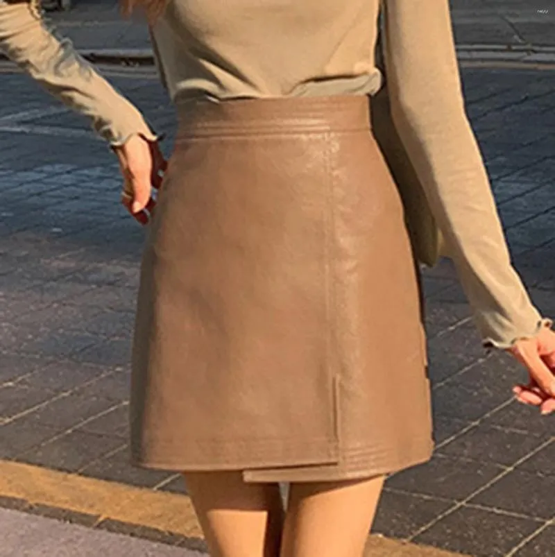 Jupes taille haute couleur unie jupe en cuir pour les femmes mini-jupe droite simple décontracté bureau dames streetwear mini élégant