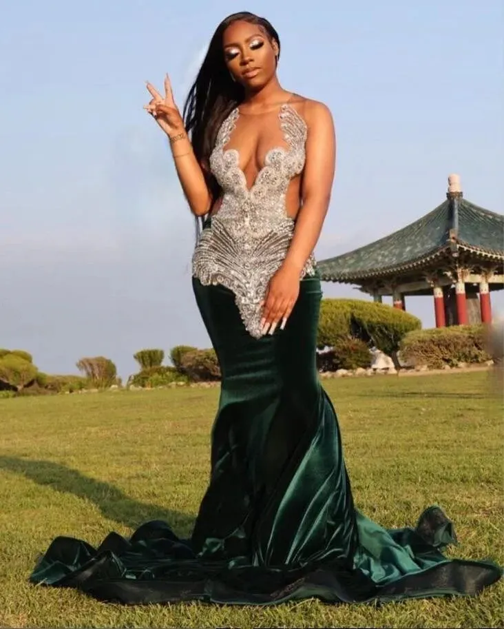 Eremald Green Veet Mermaid Prom Dress Black Girl Sheer Mesh Diamond Crystal Födelsedag Gästklänning för kvinnor