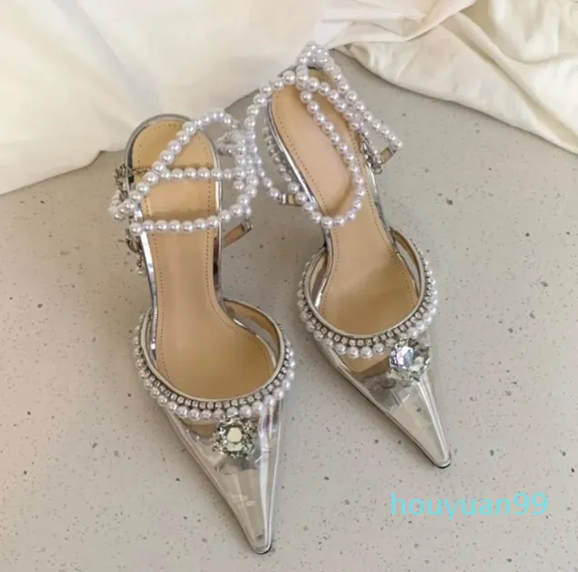 Sandales de perles Top qualité à talons hauts Designer de luxe Transparent PVC femmes chaussures habillées ovski boucle décorative talons dîner
